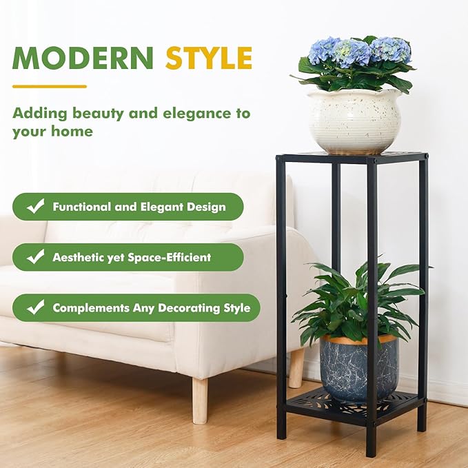 2-Tier Tall Metal Square Plant Stand 31” Heavy-Duty Modern Flower Pot Rack for Indoor Living Room, Corner Side Table for Outdoor Patio, Garden, and Balcony, Black