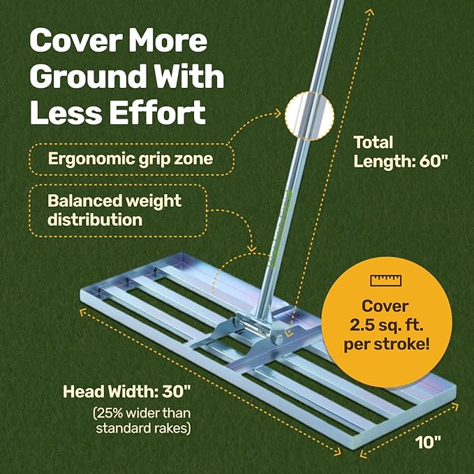 Lawn Leveling Rake 30″ x 10″ – Heavy Duty Carbon Steel Ground Leveler Tool for Yard, Soil, Sand & Grass – Professional Landscape Rake for Lawn, Garden & Golf Course