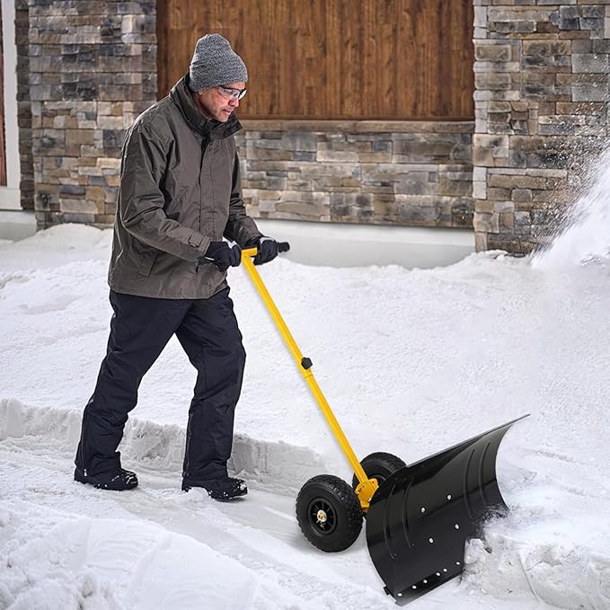 EAGLE PEAK Wheeled Snow Shovel for Driveway, Personal Snow Pusher with Wheels, Adjustable Plow Angle, Ergonomic Handle, Heavy Duty 29”x16.5” Blade, Single Rod Plow Shovel, Yellow