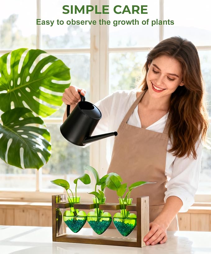 Nacome Plant Terrarium Propagation Stations: Christmas Gifts for Plant Lovers Women Mom Wife - Wooden Stand Tabletop Planter 3 Bulb Glass Vase Heart Shaped for Hydroponics Indoor Home Decor(Green)
