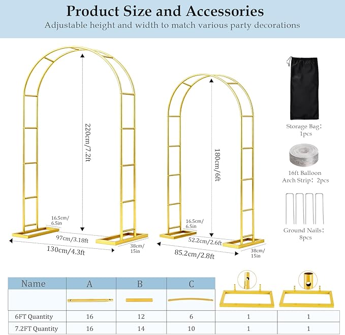7.2FT 6FT Wedding Arch Backdrop Stand Set of 2,Metal Gold Garden Arch Trellis for climbing Plants Outdoor for Flower Arch Archway,Balloon Arch kit Stand for Party Event Background Decoration