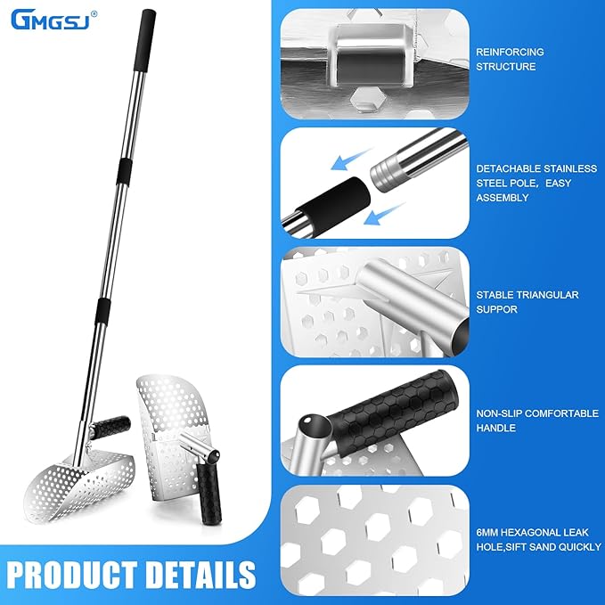 Sand Scoop for Metal Detecting,Heavy Duty Stainless Steel Metal Detector Scoop with Long Handle,Metal Detecting Shovel Used for underwater treasure hunting, beach soil metal detection, and excavationr