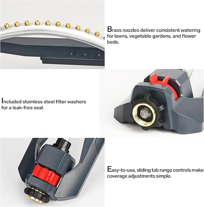 Eden 96217 Turbo Oscillating Sprinkler, Covers Up to 3,500 sq. ft., 18 Brass Nozzles, Sturdy Weighted Base, Adjustable Range, Quick Connect Bundle, Black, Red, Silver