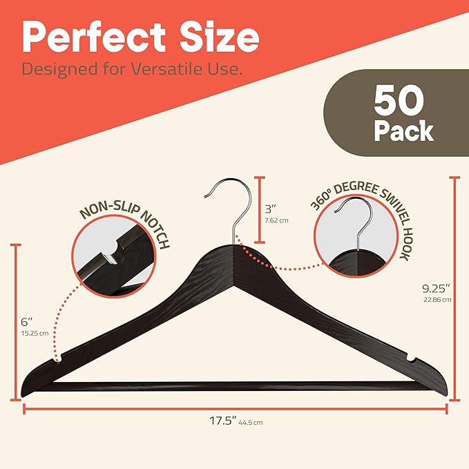 Brown Wooden Hangers 50 Pack – Heavy-Duty with 360° Swivel Hook, Non-Slip, Pants Bar & Shoulder Grooves - Wooden Hangers for Suits, Jackets, Dresses & Camisoles, Space-Saving and Smooth Finish