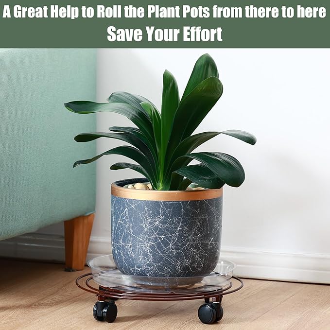 6 Packs 12 Inches Large Metal Plant Caddy with Wheels Rolling Plant Stands Heavy-duty Wrought Iron Plant Roller Base Pot Movers Plant Saucer on Wheels Indoor Outdoor Plant Dolly with Casters Planter Tray Coaster