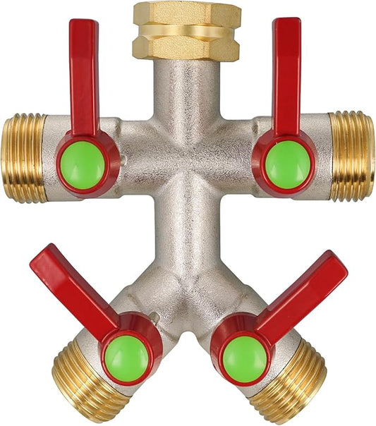 Hose Splitter 4 Way, High Flow Garden Hose Splitter, 3/4” Ght Inlet Brass Heavy Duty Hose Converter, Full Flow water 4 Way Faucet hose splitter, Long Handle Hose Valve Large Outlet.