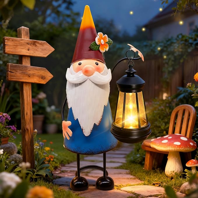 Solar Santa Claus Statue with Lights,14.56in Tall Solar Christmas Gnome Garden Sculptures, Birthday Xmas Gift for Woman Grandma Big Metal Decorative for Outdoor Patio Porch Ornaments Lawn Yard Balcony