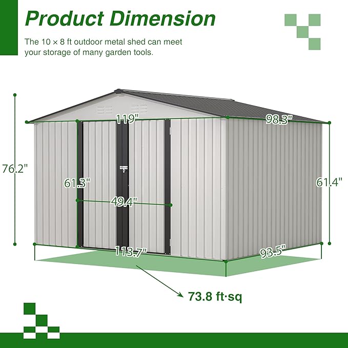 10X8 FT Outdoor Storage Shed W/Lockable Hinge Doors,Metal Shed W/Sloped Roof & 4 Air Vents,All Weather Garden Tool House for Backyard Patio Lawn,White