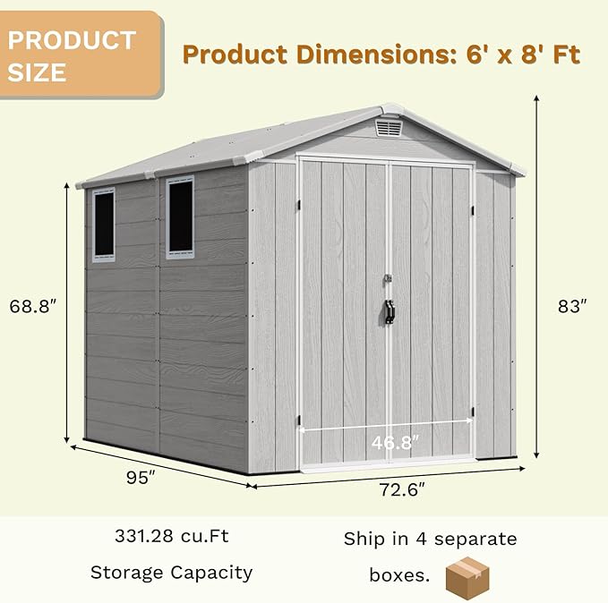 Devoko 6x8 FT Plastic Storage Shed, Outdoor Resin Garden Shed with Floor, Waterproof Tool Storage Shed with Lockable Door and Window for Patio, Garden, Backyard, Light Gray