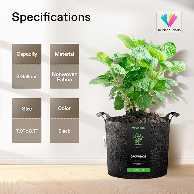 VIVOSUN 20-Pack 2 Gallon Grow Bags, Heavy Duty Thickened Nonwoven Fabric Pots with Handles for Flowers Fruits and Vegetables Black