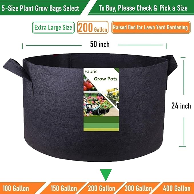 200 Gallon Large Raised Garden Bed Bag (50x24 inch) Big Garden Bag Sturdy Plant Grow Bag for Tomato,Potato Planter,Herb Veggies Planter Bag,Flower Bed,Yard Waste Bag,Lawn Debris Bag,Leaf Bag W/ Gloves