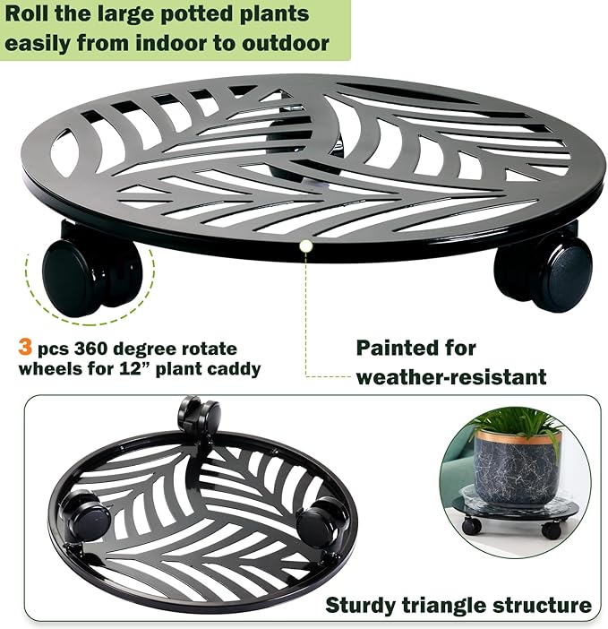 3 Packs Large Metal Plant Caddy with 3 PU Wheels 12" Heavy-duty Wrought Iron Rolling Plant Stands Indoor Outdoor Wheeled Plant Dolly Planter Mover Rollers Plant Trolley Cart, Plant Saucers Included