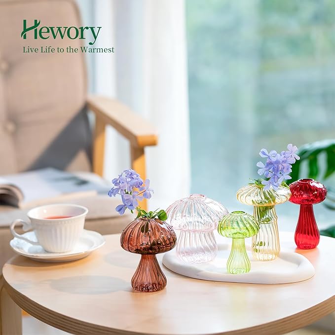 Mushroom Jars for Plants, Hewory 10pcs Colored Glass Mushroom Bud Vase for Flower, Unique Plant Propagation Stations Propagating Vases Decor, Mini Cute Hydroponic Terrarium Planter for Indoor Planters