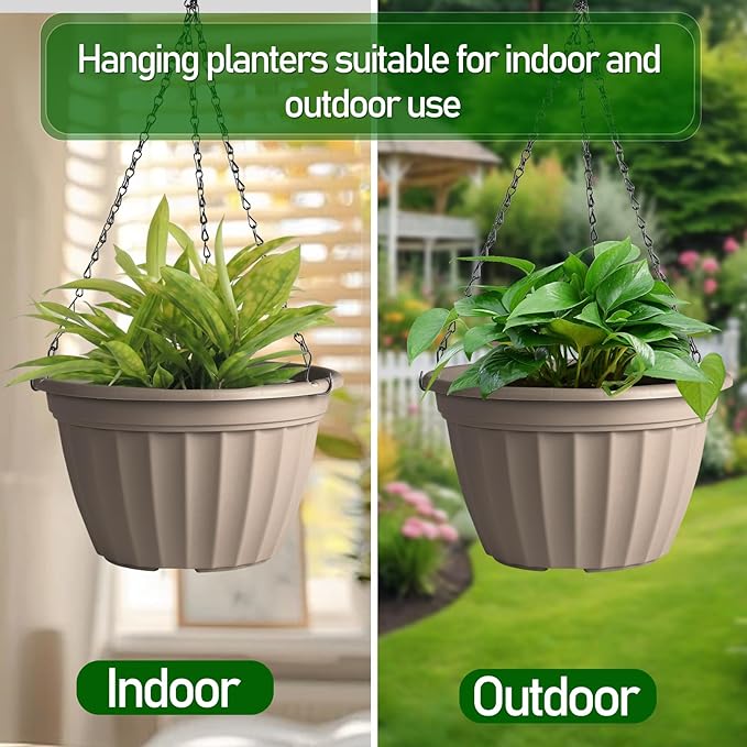 FGstyle Hanging Planters 9.8 Inch, 4 Pcs Self Watering Pots for Indoor Plants,Plastic Hanging Basket with Soil Elevator and 20" Chain for Home Garden Porch Balcony Patio Decor(Beige)