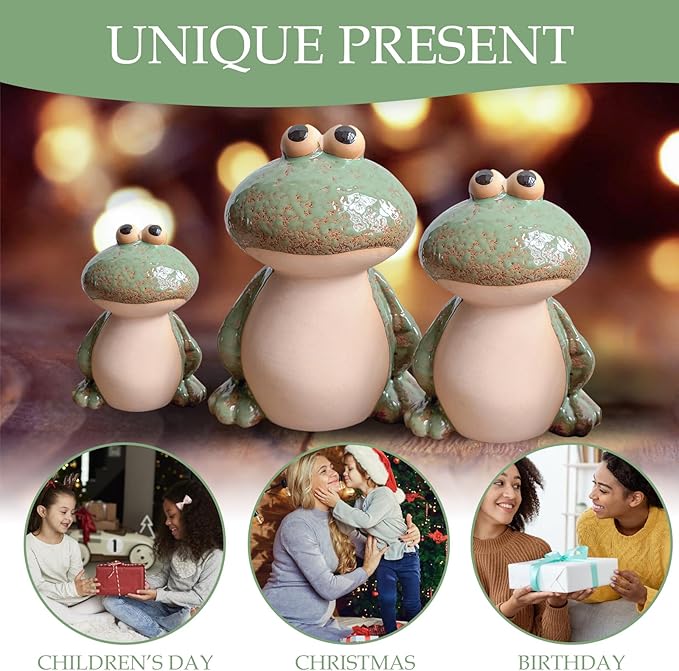 Frog Decor for Outdoor Garden Set of 3 - Cute Ceramic Frog Statues for Lawn, Pond, Patio, or Porch - Whimsical Ornaments, Funny Yard Decor, Ideal Chrismtas Gifts Decorations for Mom Grandma (Green)