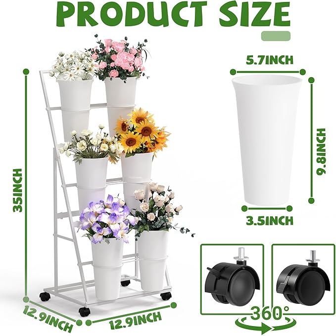Invech Flower Display Stand with 6 Buckets and Wheels, 3 Tier White Flower Cart Display Stand for Indoor Outdoor Garden, Wedding, Flower Shop (Existing Patent)