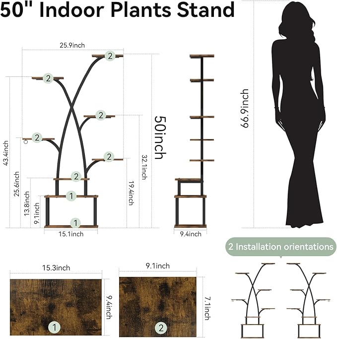 Plant Stand with Grow Lights - 8 Tiered Indoor Plants Stand, 50" Lighted Corner Plant Shelf Metal Tree-Shaped Flower Holder for Indoor Growing,Living Room Patio Corner, Decorative Rack for Living Room