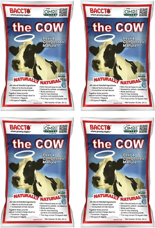 Michigan Peat Baccto 1640 Wholly Cow Horticultural Compost and Manure for Soil Amendment, Lawn Care, & Garden Beds, 40 Quart Bag (4 Pack)