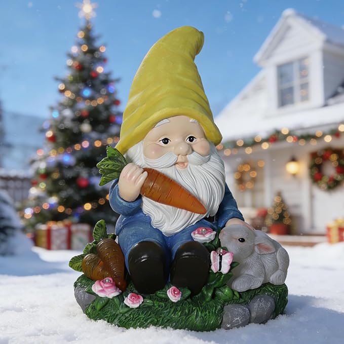 Christmas Gnomes Outdoor Statue Gnome Feeding Rabbit with 6 LED Solar Figurine for Lawn,Patio,Balcony,Yard Decor Unique for Grandfather, Father,Grandma