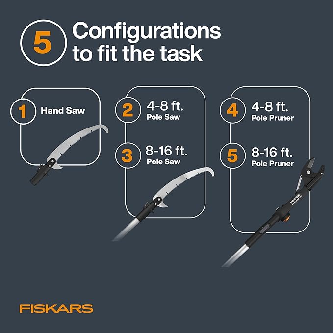Fiskars XtendControl Extendable Tree Pruner (12 ft), Pole Saw, Adjustable Branch Trimmer with 15" X1 Saw, 3-6 ft Extension Poles, and Secure Locking System for Precision Cutting