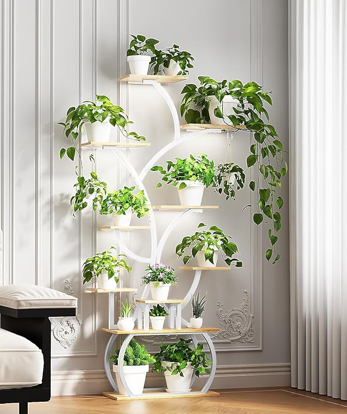 VINGLI 61" Tall White Plant Stand with Grow Light, 10-Tier LED Lighted Plant Shelf, Indoor Plant Rack with Full-Spectrum Grow Lights, Tree-Shaped Metal Plant Stand for Living Room, Balcony