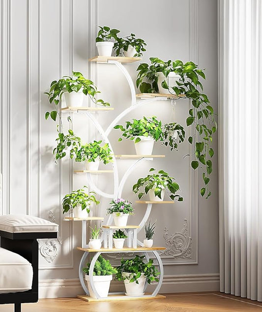 VINGLI 61" Tall White Plant Stand with Grow Light, 10-Tier LED Lighted Plant Shelf, Indoor Plant Rack with Full-Spectrum Grow Lights, Tree-Shaped Metal Plant Stand for Living Room, Balcony
