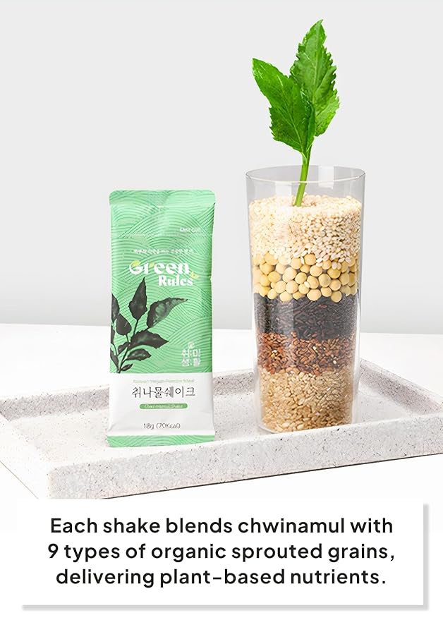 Korean Food Greenrules Korean Grain Shake Gift Set with Chwinamul – Plant-Based Meal Mix Powder, 10 Stick Packs + Free Shaker Bottle