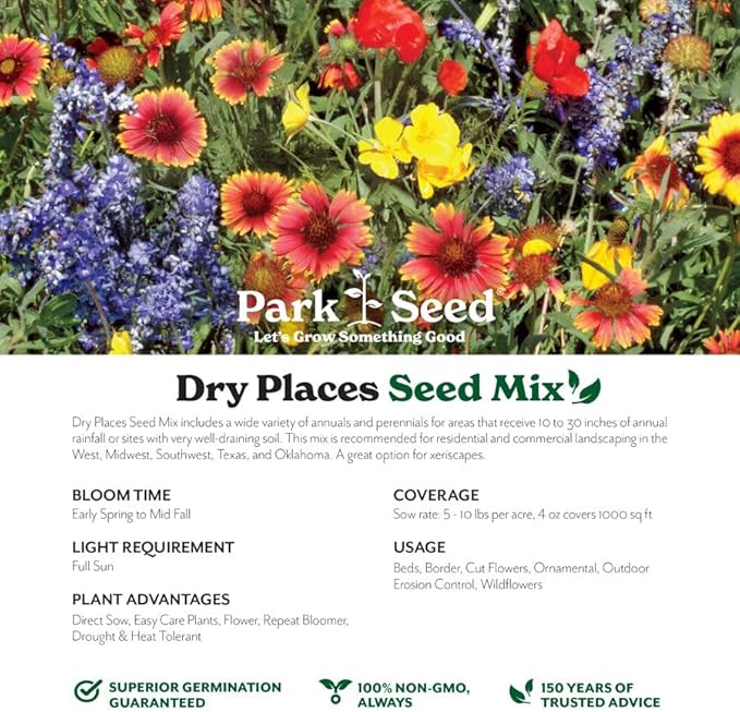 Park Seed Grow Your Own Vibrant Annual and Perennial Wildflower Garden Mixture, Easy to Grow Varieties for Pollinators and Spring Gardens - Dry Places Mix, 10 lbs