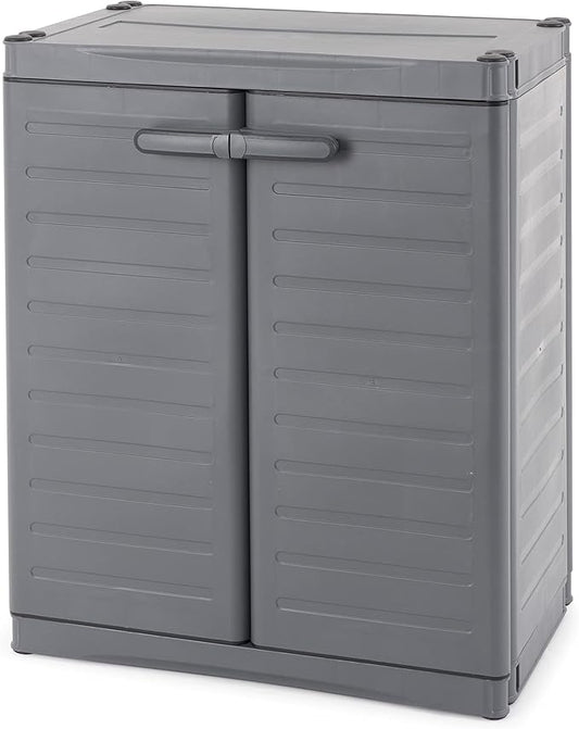 Gracious Living 2-Shelf Base Cabinet, MaxIt Lockable Utility Storage with Adjustable Shelves for Garage, Basement, Workshop, Grey - Small