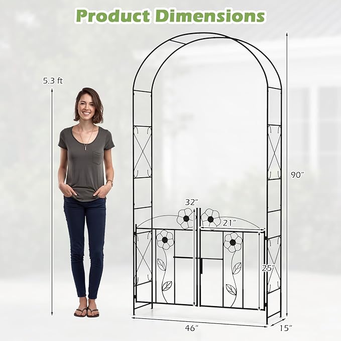 Moccha Garden Arbor, 90" Metal Arbor Trellis for Climbing Plants, Rose, Ivy, Outdoor Archway Pergola with Lockable Gate, 4 Ground Stakes, Garden Arch for Lawn Patio Bridal Party Pathway Ceremony