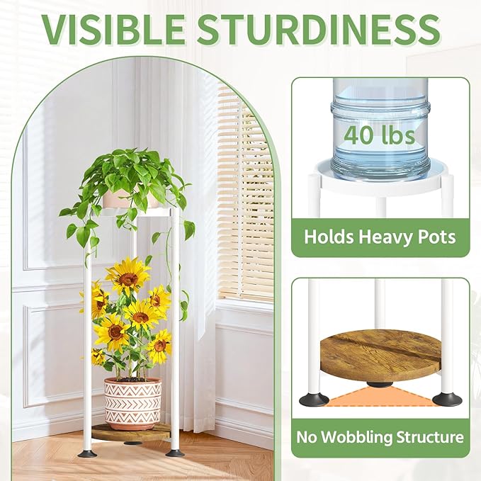 KMOTASUO 2 Tier Plant Stands Indoor, 30 Inch Tall Metal Corner Plant Stand, Modern Flower Shelf Pot Holder Planter Display Rack for Living Room Balcony Patio Garden(White)