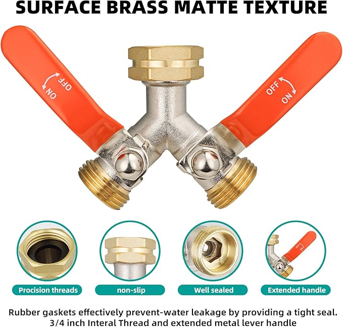 2 Way Hose Splitter, Brass High Flow Garden Hose Splitter Heavy Duty, Hose Connector, Water Spigot Splitter, Full Flow Faucet Splitter with shutoff, 3/4” GHT Inlet