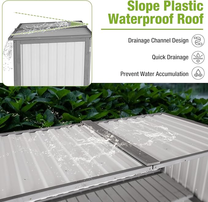 Outdoor Storage Shed with Metal and Wood Frame, Resin Garden Sheds with Removable Shelves and Floor, Weatherproof Plastic Roof Outdoor Trash Can Shed, Horizontal Storage Cabinet for Patio(White)