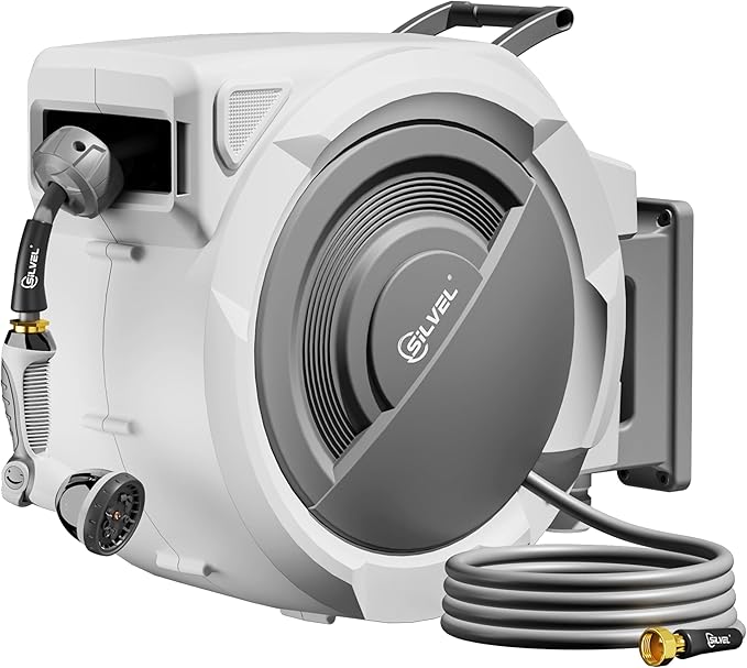 SILVEL Retractable Garden Hose Reel – 1/2 in x 150FT Heavy Duty Automatic Hose Reel Wall Mounted, Upgraded UV Resistant with 10 Pattern Nozzle, Any Length Lock & Slow Return System, 180°Swivel Bracket