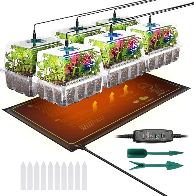 Clear Seed Starter Trays with Grow Lights & Heat Mat, 72 Cells Seed Starter Kit, 3 Lighting Mode, 4 Timing, Germination Kit with Humidity Control Domes, Gardening Gifts Plant Grow Kit
