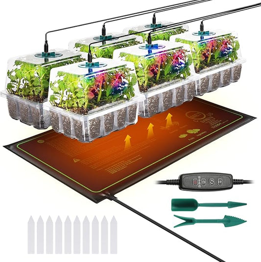 Clear Seed Starter Trays with Grow Lights & Heat Mat, 72 Cells Seed Starter Kit, 3 Lighting Mode, 4 Timing, Germination Kit with Humidity Control Domes, Gardening Gifts Plant Grow Kit