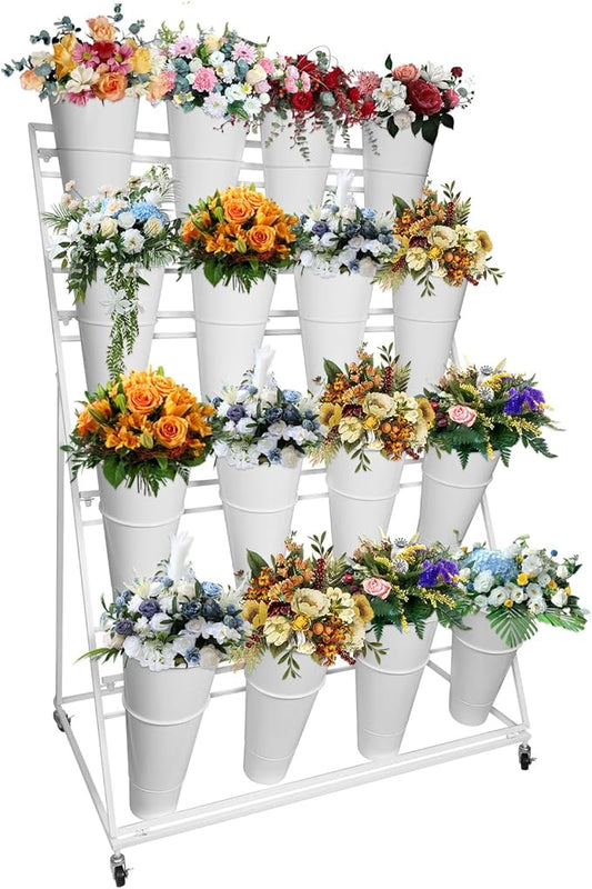 Flower Display Stand with Buckets, 4 Layers 16PCS Buckets Metal Flower Cart Display Stand with Wheels, for Patio Garden, Living Room (4 Layers White Round Bucket)