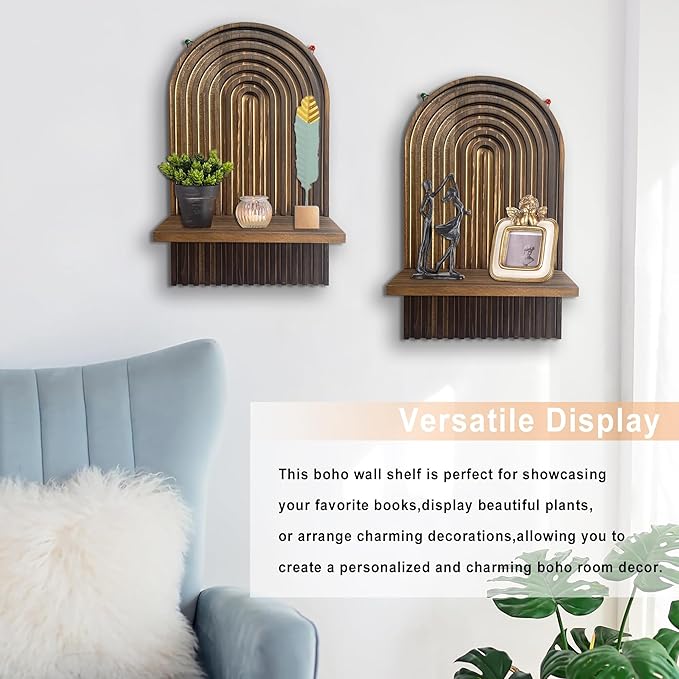 LIYAOLI Boho Shelves Bohemian Decorative,Vintage Wall Shelf Boho Chic Wall Decor for Living Room 2 Pieces 15 x 8.6 Inch Wooden Vintage Shelf Decor Hanging Shelves for Wall Mounted Candle Holder