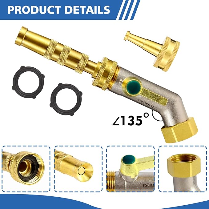 Heavy Duty Brass Garden Hose Shutoff Valve, 1 adjustable hose nozzle, 1 hose direct spray nozzle, 135-Degree Faucet Extender Adapter