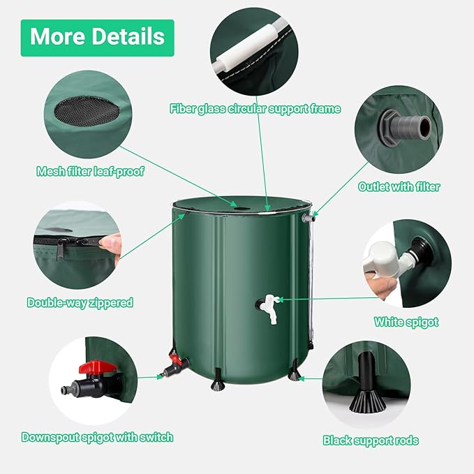 50 Gallon / 200L Collapsible Rain Barrel, Foldable PVC Rain Barrels to Collect Rainwater from Gutter, Portable Water Storage Tank Container with Hose Spigot, Water Catcher Collector Green