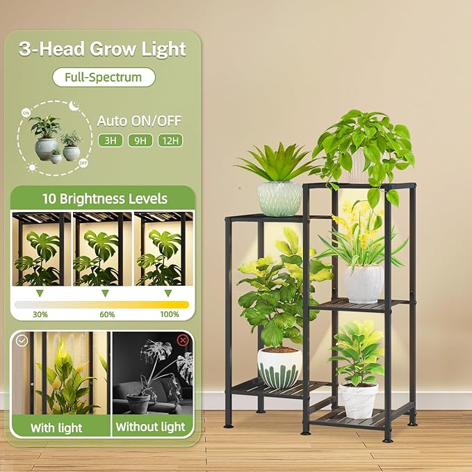 iDavosic.ly Indoor Plant Stand with Grow Light, Metal 5 Tier Corner Flower Holder Shelf Outdoor for Large Pots, Tall Rack for Patio Porch Balcony Living Room, Black