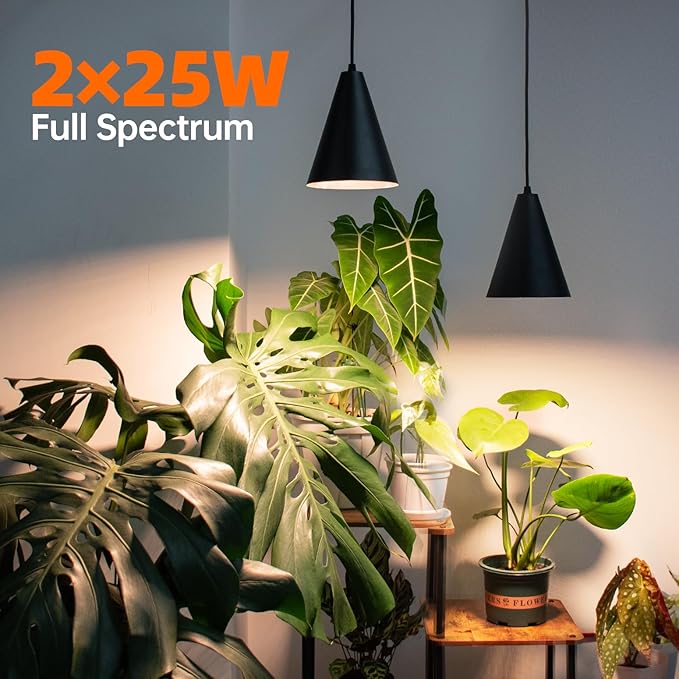 Bstrip 50W Double-Head Hanging Grow Lights for Indoor Plants, 3000K, Black LED Plant Light Bulbs with Timer and 16.4FT Power Cord, Perfect for Tall Plants, Gardens, Flowers, and Greenhouses