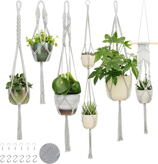 Nook Theory 6-Pack Macrame Plant Hangers with 12 Hooks - Hanging Planters for Indoor Plants, Boho Macrame Hangers Indoor Outdoor, Decorative Plant Hanger Indoor (Light Gray)