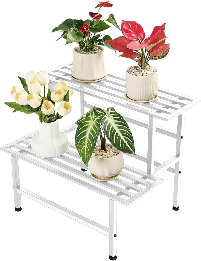 Metal Plant Stand Outdoor Plant Shelf Indoor,2 Tier Heavy Duty Ladder Plant Stands for Multiple Plants,26" L x 20.25" H x 17.75" W,White