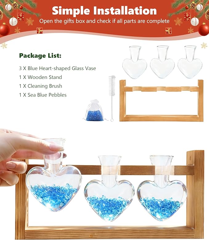 Nacome Plant Terrarium Propagation Stations: Christmas Gifts for Plant Lovers Women Mom Wife - Wooden Stand Tabletop Planter 3 Bulb Glass Vase Heart Shaped for Hydroponics Indoor Home Office Decor