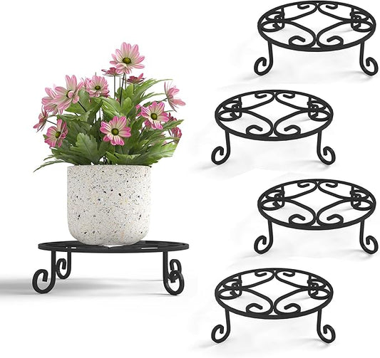 4 Pack 10” Diameter Metal Outdoor Plant Stand Indoor, Black Heavy Duty Potted Holder, Round Anti-Rust Wrought Iron Flower Planter Pot Display Stands for Home Garden