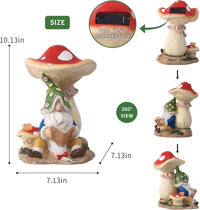 Christmas Gnomes Outdoor Statue Gnome Reading Under Mushroom with 5 LED Solar Figurine for Lawn,Patio,Balcony,Yard Decor Unique for Grandfather, Father,Grandma,Wen