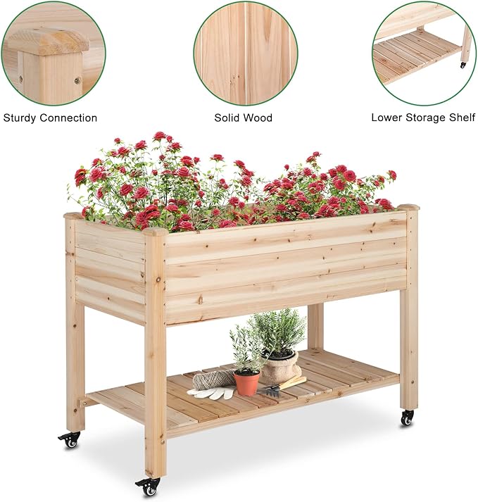 VINGLI Heavy Duty Raised Garden Bed with Bed Liner, Wood Elevated Planter with Legs for Vegetables Fruits Potato Onion Flower, Outdoor Sturdy Long Lasting Planter Box Kit (Elevated with Wheels)