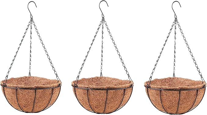 LaLaGreen Hanging Planters with Coco Liners (12 Inch, 3 Pack) Hanging Baskets for Plant Outdoor, Hanging Plant Pot Flower Metal Wire Round Holder Hanger Hook Chain Deck Porch Garden Balcony Boho Decor