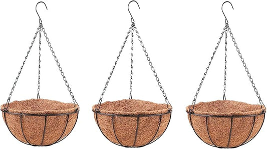 LaLaGreen Hanging Planters with Coco Liners (12 Inch, 3 Pack) Hanging Baskets for Plant Outdoor, Hanging Plant Pot Flower Metal Wire Round Holder Hanger Hook Chain Deck Porch Garden Balcony Boho Decor